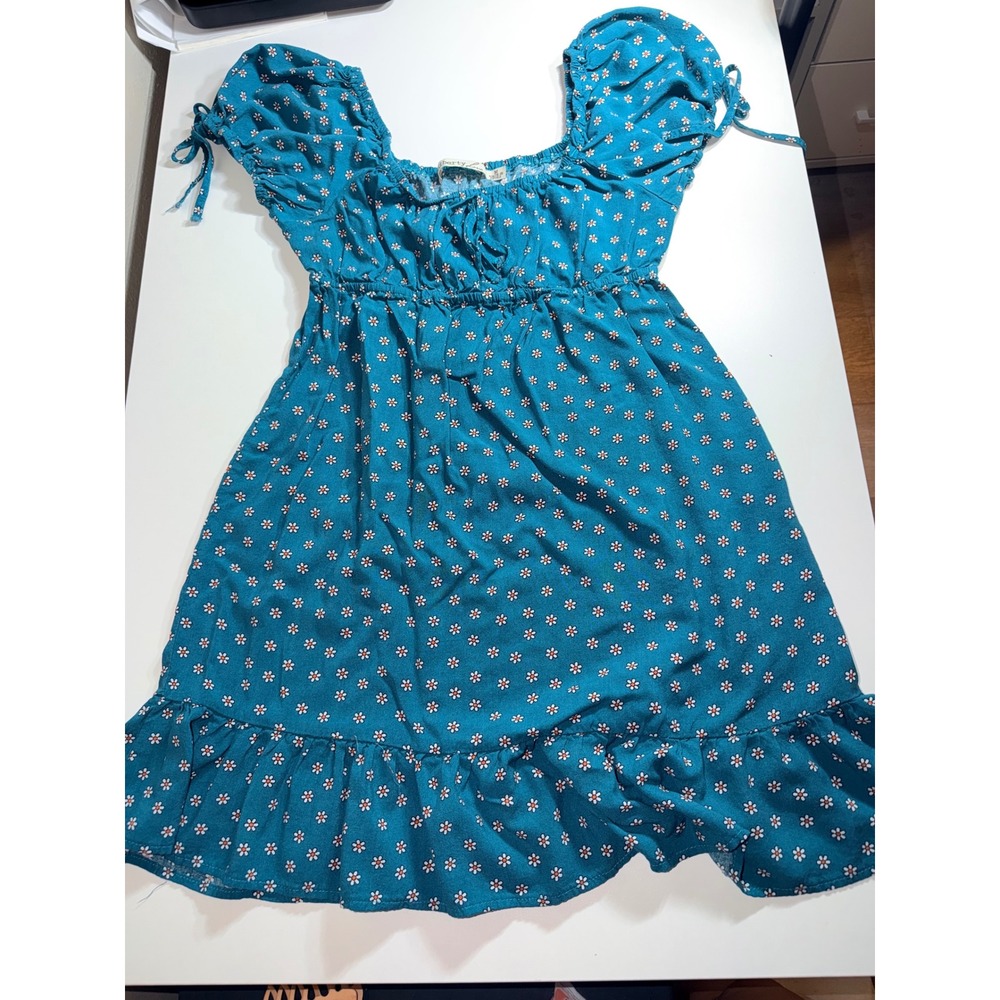Liberty Love Girls Teal Daisy Floral Smocked Puff Sleeve Ruffle Hem Dress Size M